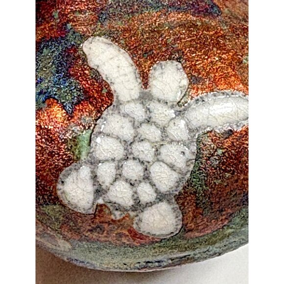 Javier Gayton Art Pottery Raku Orange Green Sea Turtle Small Bud Vase Hawaii - Picture 8 of 11
